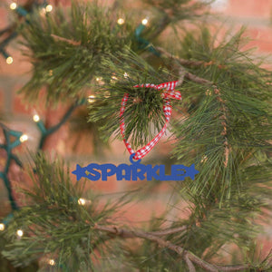 Spunky Fluff Proudly Handmade in South Dakota, USA Ornament / Cobalt Blue Sparkle Tiny Word Ornament