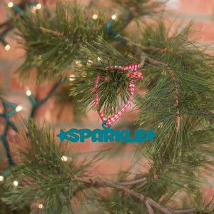 Spunky Fluff Proudly Handmade in South Dakota, USA Ornament / Teal Sparkle Tiny Word Ornament