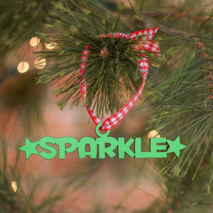 Spunky Fluff Proudly Handmade in South Dakota, USA Ornament / Turquoise Sparkle Tiny Word Ornament