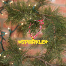Load image into Gallery viewer, Spunky Fluff Proudly Handmade in South Dakota, USA Ornament / Yellow Sparkle Tiny Word Ornament
